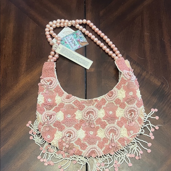 Handbags - Pink Beaded Handbag with Pearl Strap